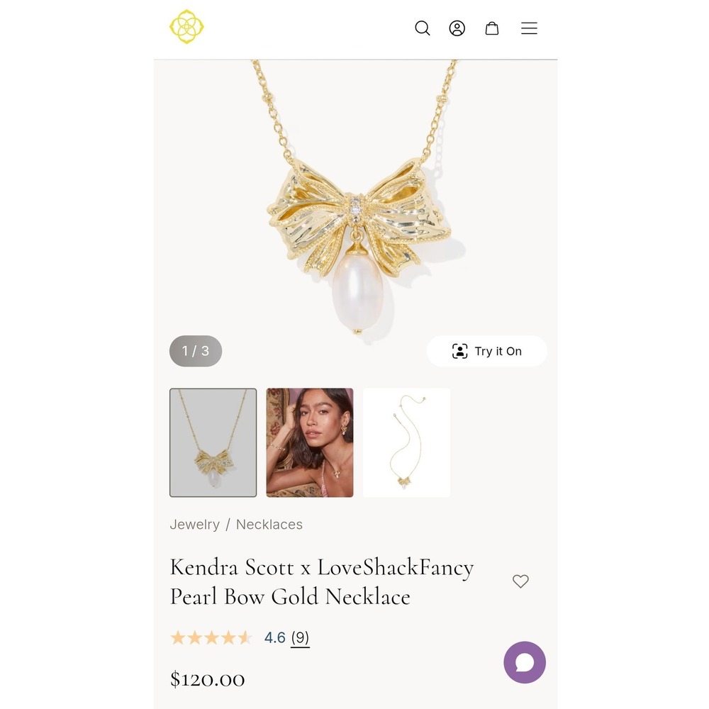 Kendra Scott x LoveShackFancy Pearl Bow Gold Necklace Limited Edition Pendant - Picture 5 of 8